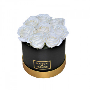 Aranjament floral cutie rotunda neagra cu trandafiri de sapun - Img 1
