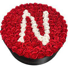 Aranjament floral personalizat cu litera N in cutie rotunda neagra cu 135 trandafiri de sapun