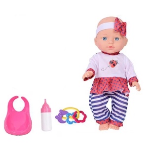 Bebelus de jucarie, cu hainute, biberon si jucarii zornaitoare, plastic, 28 cm, multicolor, 18+ luni