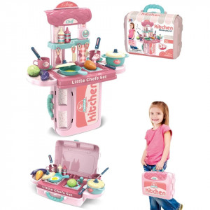 Bucatarie Troller de Jucarie 3 in 1 Little Chefs cu accesorii, roz - Img 4