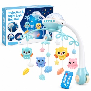 Carusel muzical pentru patut cu proiector, lumina de veghe, telecomanda si figurine rotative, albastru, 0 luni+ - Img 4