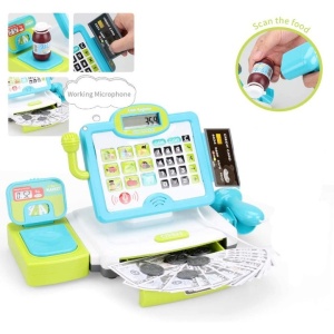 Casa de marcat interactiva cu ecran tactil, LCD electronic, sertar de bani, sunete si lumini, scanner, cititor de carduri, bancnote, monede si cantar