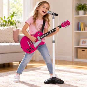 Chitara electronica de jucarie pentru copii, cu microfon si stativ, 69 cm, Roz - Img 3