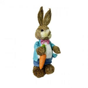 Figurina decorativa din paie, Iepuras Ysac, cu pantaloni, sacou si papion, 22 cm, Albastru