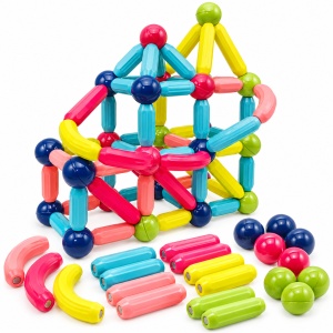 Joc educativ magnetic cu 64 de piese pentru constructii 3D, tije, bile colorate si cutie de depozitare cu maner, 3+ ani - Img 2