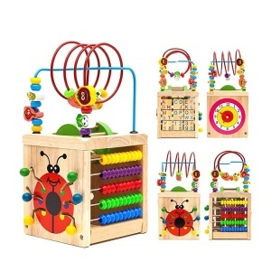 Jucarie Montessori din lemn – Cub cu labirint si jocuri educative