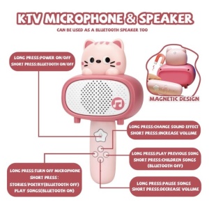 Microfon Bluetooth pentru copii Pink Cat – difuzor wireless cu efecte sonore si cablu de incarcare