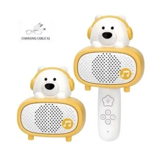 Microfon Bluetooth pentru copii White Bear – difuzor wireless cu efecte sonore si cablu de incarcare