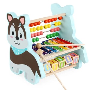 Numaratoare, Xilofon si Cuburi de Invatare, din Lemn, Multicolor - Jucarie Educativa Catelus 