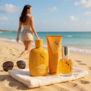 Pachet Alfaparf Semi di Lino Sunshine - Sampon, 250 ml + Tratament after sun, 200 ml + Ulei pentru stralucire Sublime Cristalli Liquidi 15 ml