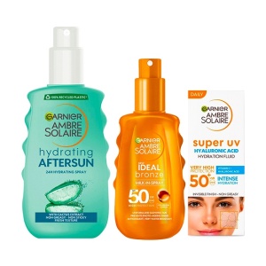 Pachet Garnier Ambre Solaire – Spray aftersun 200 ml + Spray protectie solara bronz intens SPF 50 200 ml + Crema protectie solara fata SPF 50 40 ml.