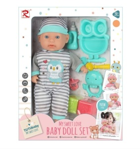 Papusa bebelus cu accesorii, vesela si jucarii, 33 cm