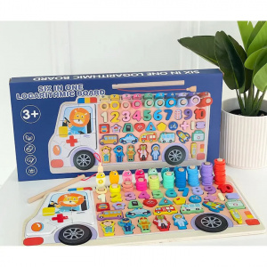 Placa logaritmica multifunctionala Montessori cu figurine, masinute, forme geometrice, joc de pescuit si calcule matematice, 6 in 1, Ambulanta