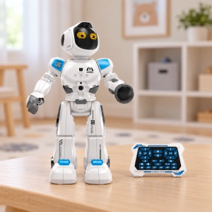 Robot inteligent cu telecomanda, programabil, cu senzori tactili, lumini si sunete, Alb/Albastru - Img 6