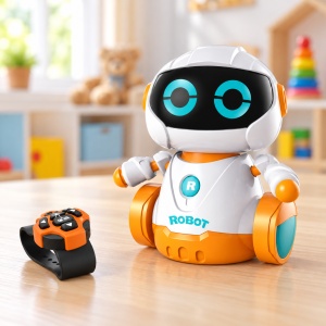 Robot interactiv pentru copii, cu telecomanda tip ceas, lumini si sunete, Alb/Portocaliu - Img 4