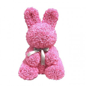 Rose Rabbit Toy - Iepuras floral 40 cm decorat manual cu trandafiri spuma in cutie - Img 4