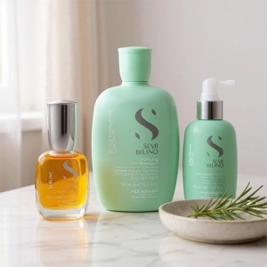 Set Alfaparf Semi di Lino  Sampon Balancing, 250 ml + Tonic Energizant, 125 ml, Ulei Cristalli Liquidi 15 ml