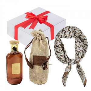 Set cadou Essence&Shawl: parfum Ard Al Zaafaran Mousuf + esarfa satinata + cutie cadou cu funda 