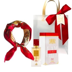 Set cadou Lattafa Perfumes Ana Abiyedh Rouge Apa de Parfum, Femei, 60ml + esarfa satinata