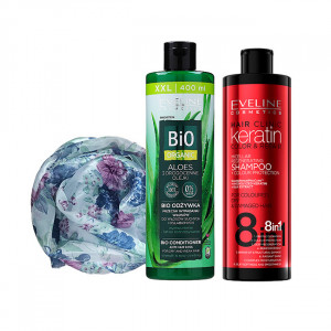 Set cadou Sampon Keratin Colour Protection 8 in 1 Eveline Cosmetics, 400ml + Balsam de par Bio Organic Anti Caderea Parului cu Aloe,, 400ml + Esarfa