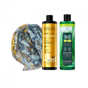 Set cadou Sampon par Eveline Cosmetics Hair Clinic Oleo Expert Fast Growth 8 in 1, 400 ml +  Balsam de par Bio Organic Anti Caderea Parului cu Aloe, 400ml + Esarfa