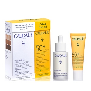 Set Caudalie Vinoperfect si Vinosun, Ser iluminator anti-pete 30 ml + Crema de fata cu protectie solara SPF 50, 25 ml