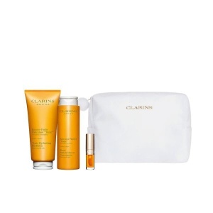 Set Clarins Aroma Self-Care Essentials – Lotiune de Corp Hidratanta + Pudra de Corp + Ulei Buze + Pouch