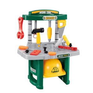 Set de bricolaj pentru copii, cu banc de lucru, unelte si casca, Verde, 3 ani+