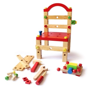 Set de Constructie Scaun din Lemn pentru Copii, Rosu, Joc Educational si Creativ