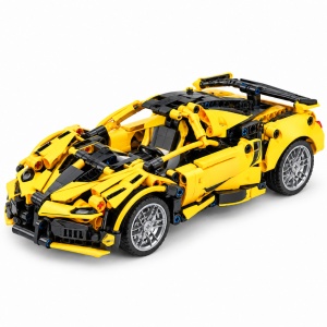 Set de constructie Supercar galben, 422 piese, mecanism pull-back, scara 1:18, 6 ani+