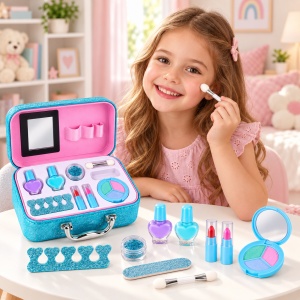 Set de infrumusetare pentru fete, in valiza cu oglinda si accesorii, turcoaz-roz, 3+ ani - Img 3
