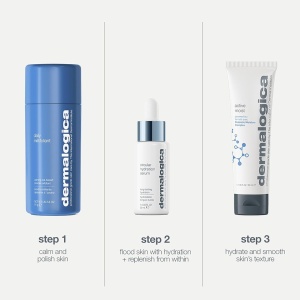 Set Dermalogica Smooth + Hydrate, Pudra exfolianta Daily Milkfoliant, 74 g + Crema hidratanta Active Moist cu prebiotice, 50 ml + Ser cu acid hialuronic Circular Hydration, 30 ml