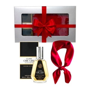 Set Elysa – Apa de Parfum Classy Chic Girl Fragrance World 50ml, Esarfa satinata rosie