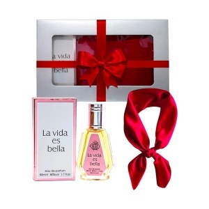 Set Elysa – Apa de Parfum La Vida es Bella Fragrance World 50ml, Esarfa satinata rosie