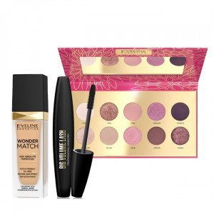 Set Eveline paleta machiaje Romantic 10 culori, Mascara Big Volume Lash, Fond de ten Wonder Match - Img 4