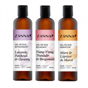 Set Gel de dus Revigorant cu Lavanda si Geraniu, Gel de dus Relaxant cu Ylang-Ylang si Bergamota, Gel de dus Hranitor cu Miere si Laptisor de Matca, 250ml Zanna - Img 2