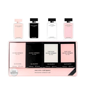 Set Miniaturi Narciso Rodriguez For Her – Eau de Toilette, Eau de Parfum, Pure Musc și Musc Noir Rose, 4×7.5 ml