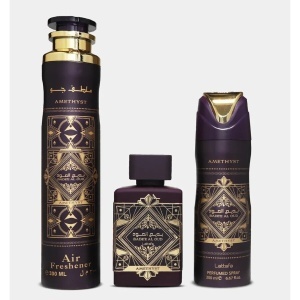Set Parfum Arabesc Bade’e Al Oud Amethyst – Parfum 100 ml, Spray Parfumat 200 ml si Odorizant Camera 300 ml