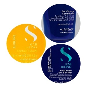Set pentru neutralizarea tonurilor de portocaliu Alfaparf Milano Semi Di Lino Brunette, Sampon 250 ml + Balsam 200ml + Ulei iluminator Cristalli Liquidi, 15 ml