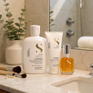 Set pentru stralucire Alfaparf Semi Di Lino Diamond Iluminating cu Sampon, 250 ml + Balsam, 200 ml + Ulei Cristalli Liquidi, 15 ml