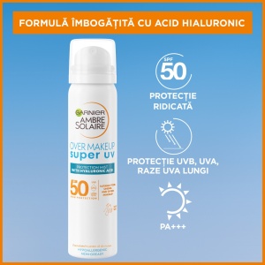 Spray pentru fata cu protectie solara SPF 50 Over Makeup Super UV Ambre Solaire Garnier, 75 ml - Img 5