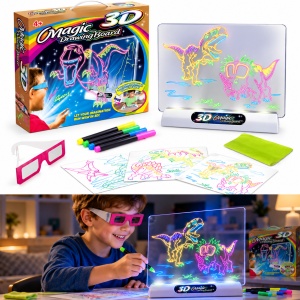 Tablita de desen 3D pentru copii cu dinozauri, ochelari 3D, markere fluorescente si efect luminos, 4 ani+ - Img 5