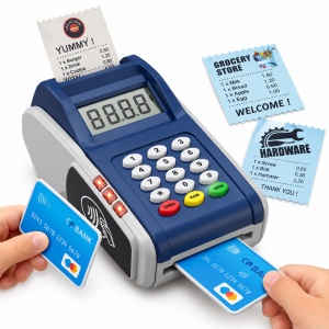 Aparat POS de jucarie pentru copii, cu card, bonuri, lumini si sunete, 2 metode de plata, 3+ ani