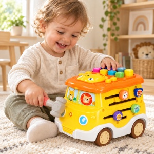 Autobuz educational multifunctional pentru copii, cu tobe, lumini, sunete, activitati interactive si ciocanel, Galben - Img 2