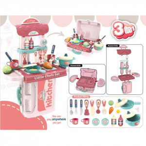 Bucatarie Troller de Jucarie 3 in 1 Little Chefs cu accesorii, roz - Img 5