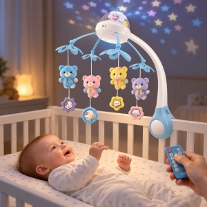 Carusel muzical pentru patut cu proiector, lumina de veghe, telecomanda si acumulator USB, albastru, 0 luni+ - Img 6