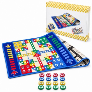 Covor de joaca reversibil 2 in 1, joc Ludo si traseu auto, 180 x 120 cm, 16 pioni, multicolor