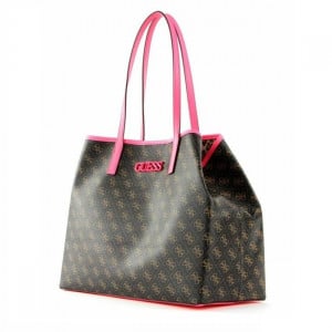 Geanta shopper pentru femei cu etui interior Vikky, Maro inchis/Roz neon