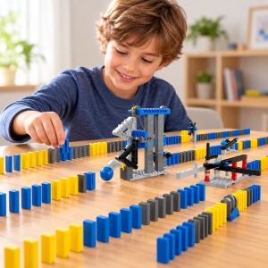 Joc de constructie Domino cu reactie in lant, 120 piese domino, mecanisme si bile, multicolor - Img 3