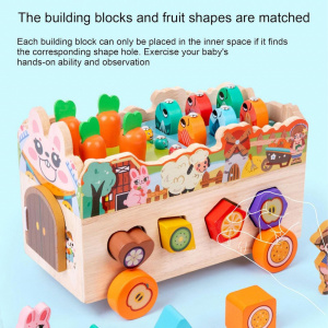 Jucarie Educativa din Lemn cu Functii Multiple - Carucior Sortator si Pescuit Magnetic